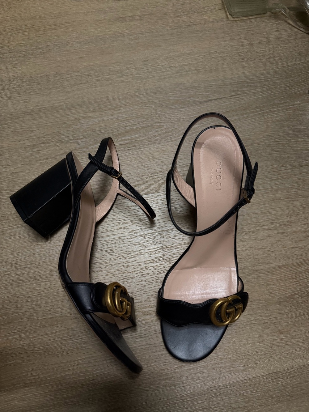 Gucci Black Leather Block Heel Sandals with Gold Double G Accent